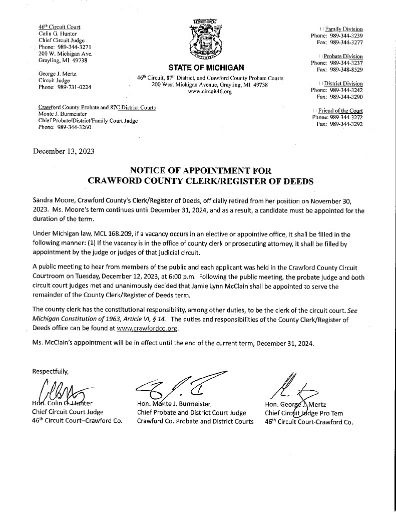 Notice of Appointment for Crawford County Clerk/Register of Deeds